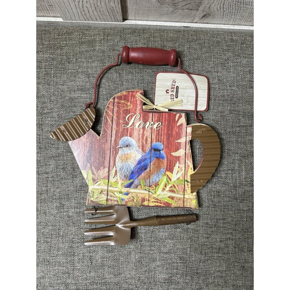 Red Shed Garden Sign Watering Can Wall Decor Wood Metal Rustic Birds Love Garden